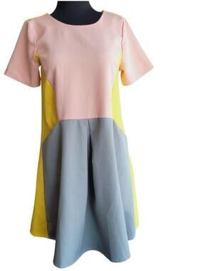 Colorblock Short Sleeve Dress in Pink, Yellow & Blue